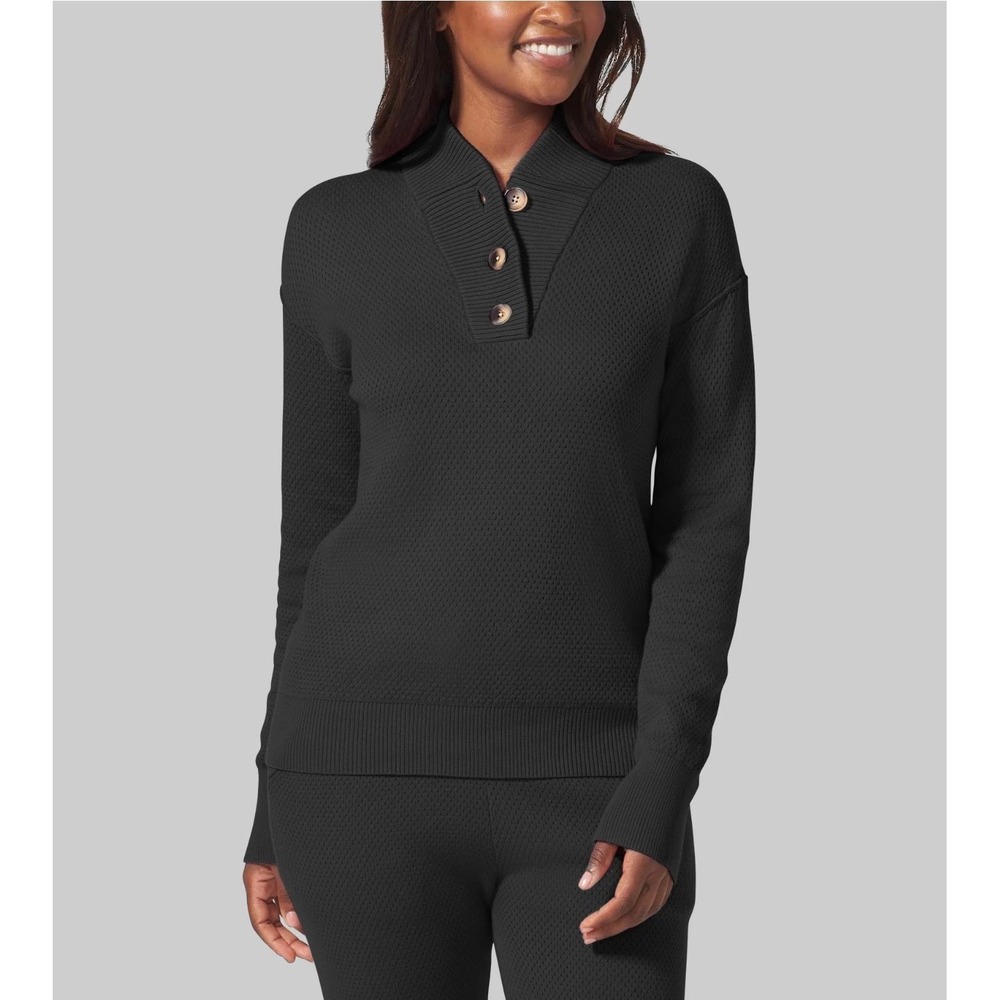 Tommy John Women Medium Black Cotton Modal Waffle Knit Henley Sweater